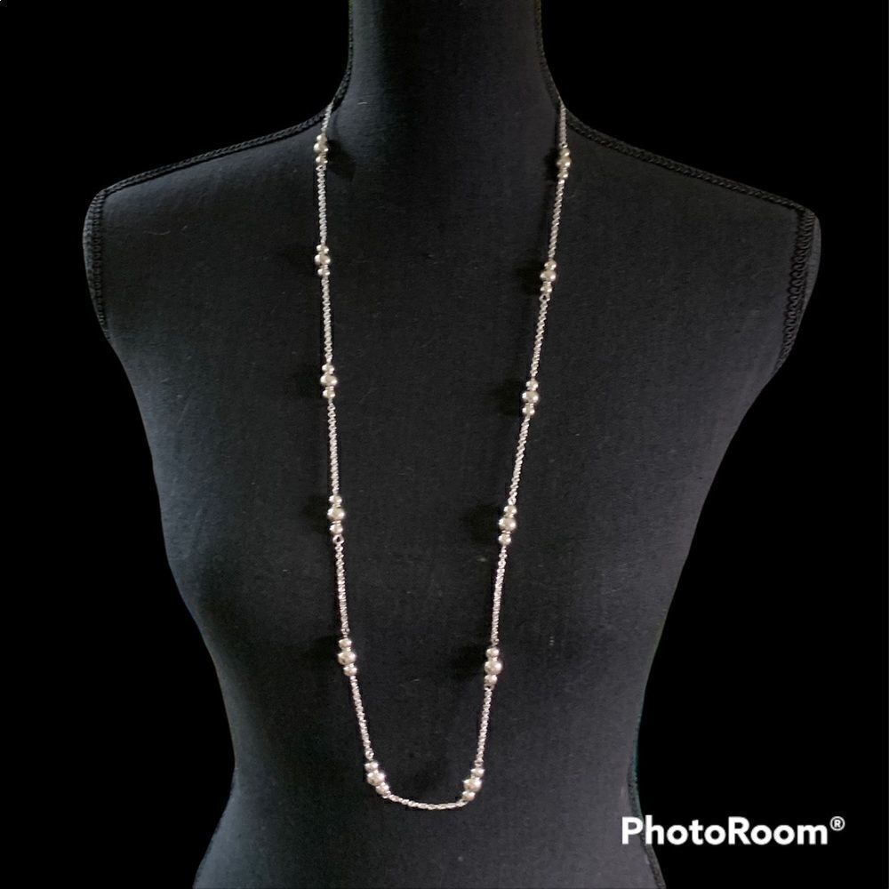 Silver Tone Chain & Bead Necklace + Dangle Earrings Set Shiny Patina Adjustable